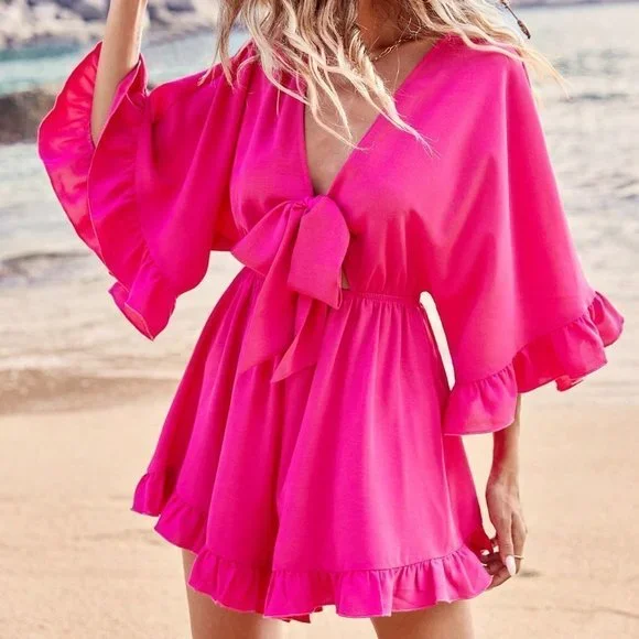 Hot Pink Boho Women Outfits Vacation Front Knot Valentines Pink Romper Shorts - Picture 1 of 5